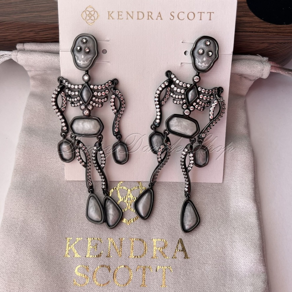 New Kendra Scott Halloween Skeleton Gunmetal Plated Earrings Mother-of-Pearl